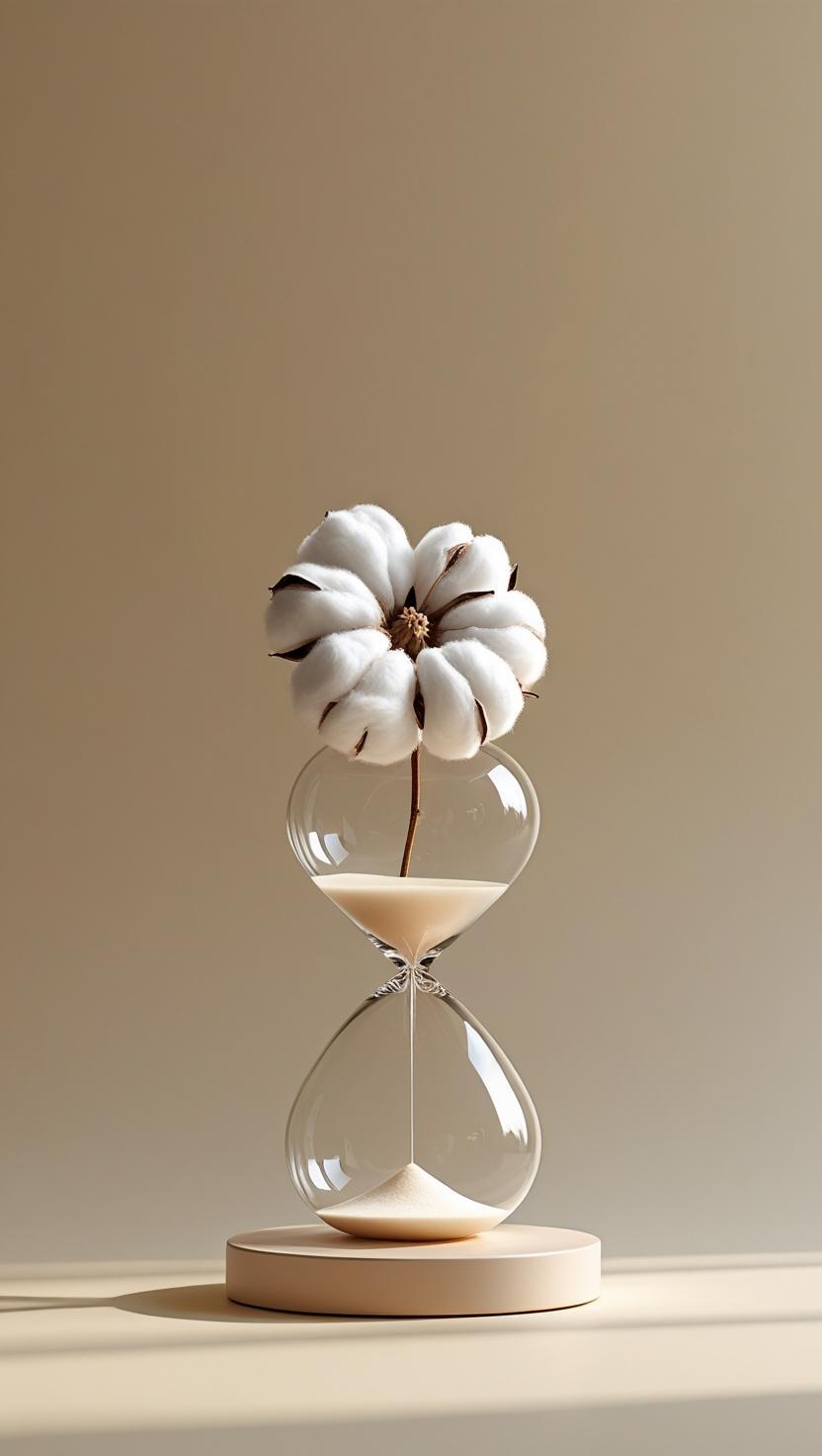 cvijet pamuka i jednostavni pješčani sat, pješčani sat u prvom planu, veći od cvijeta, cvijet na pješčanom satu, s bež pozadinom